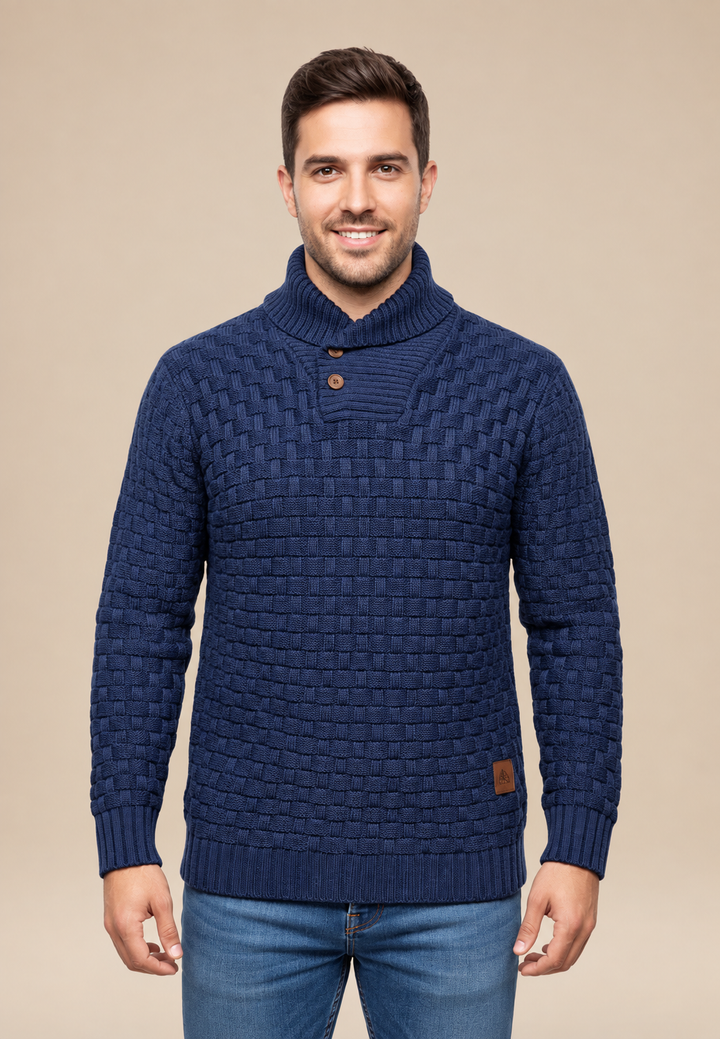 Herrenpullover mit Schalkragen, Knöpfen und strukturiertem Strickmuster – Hadrian