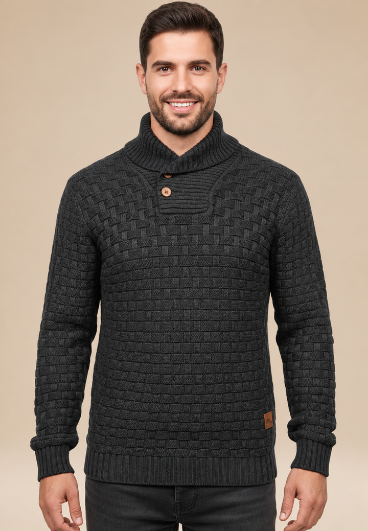 Herrenpullover mit Schalkragen, Knöpfen und strukturiertem Strickmuster – Hadrian