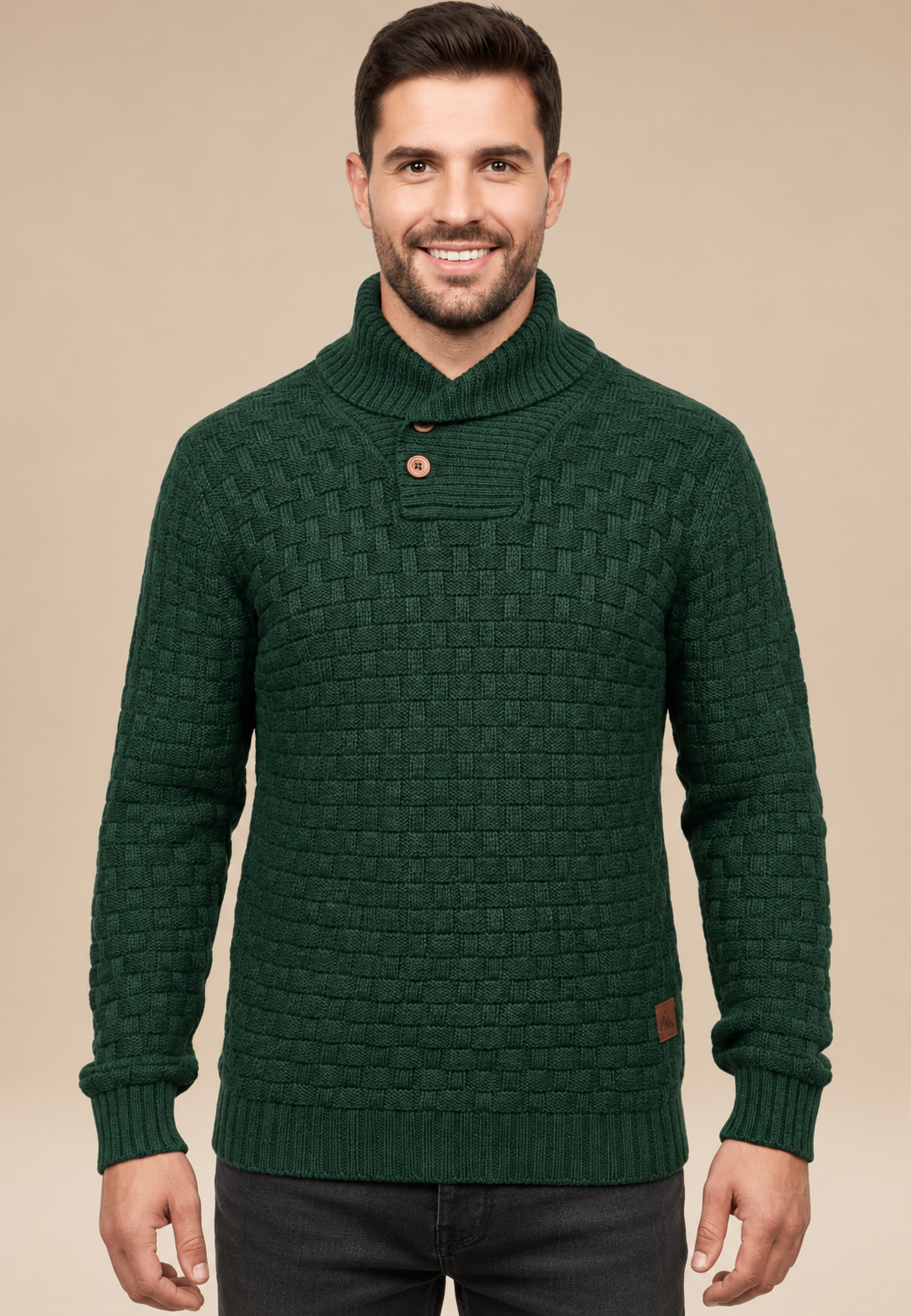 Herrenpullover mit Schalkragen, Knöpfen und strukturiertem Strickmuster – Hadrian