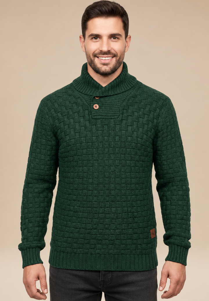 Herrenpullover mit Schalkragen, Knöpfen und strukturiertem Strickmuster – Hadrian