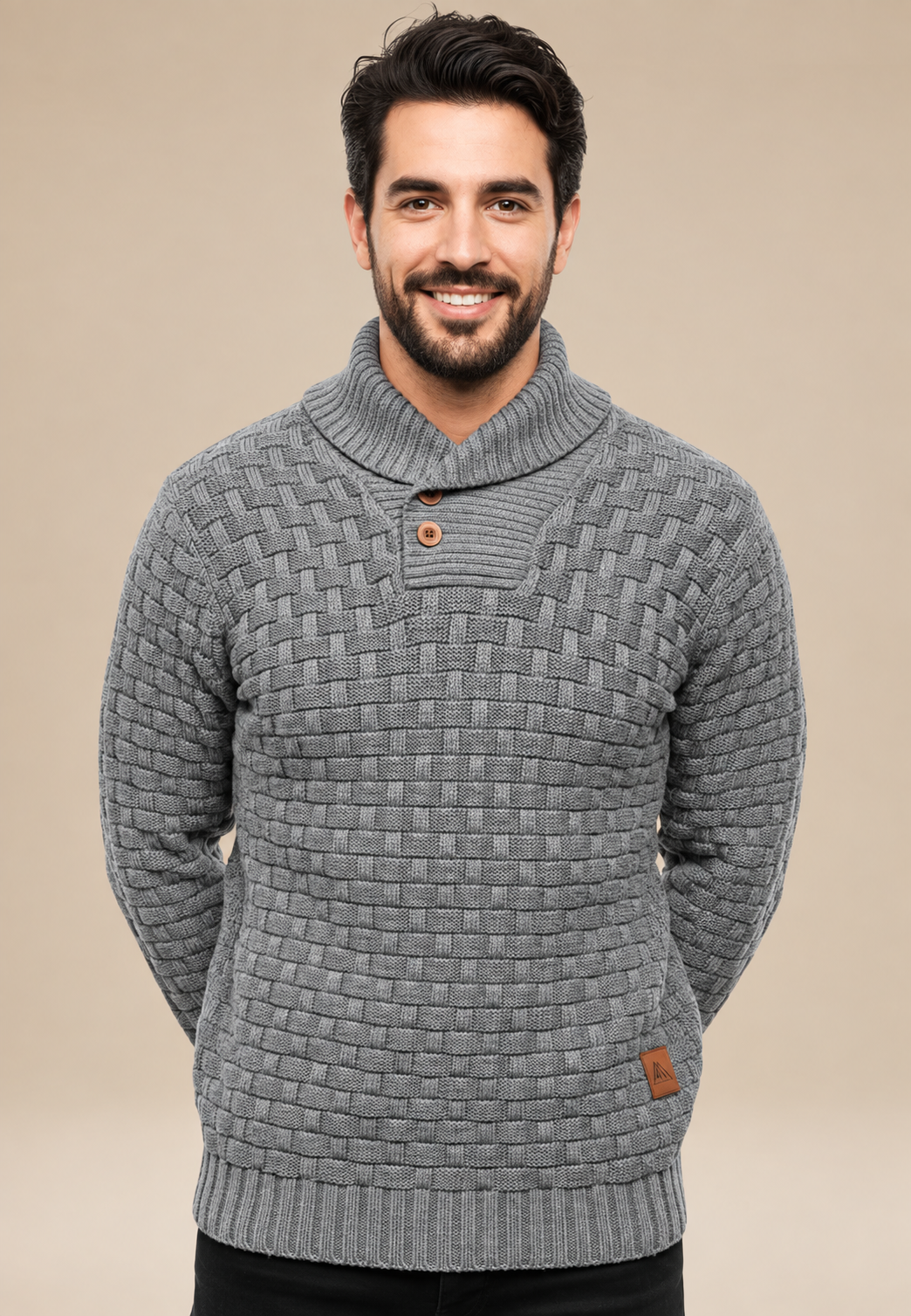 Herrenpullover mit Schalkragen, Knöpfen und strukturiertem Strickmuster – Hadrian