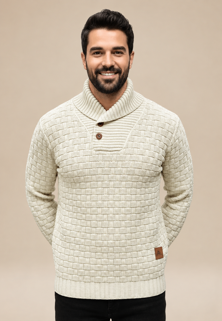 Herrenpullover mit Schalkragen, Knöpfen und strukturiertem Strickmuster – Hadrian