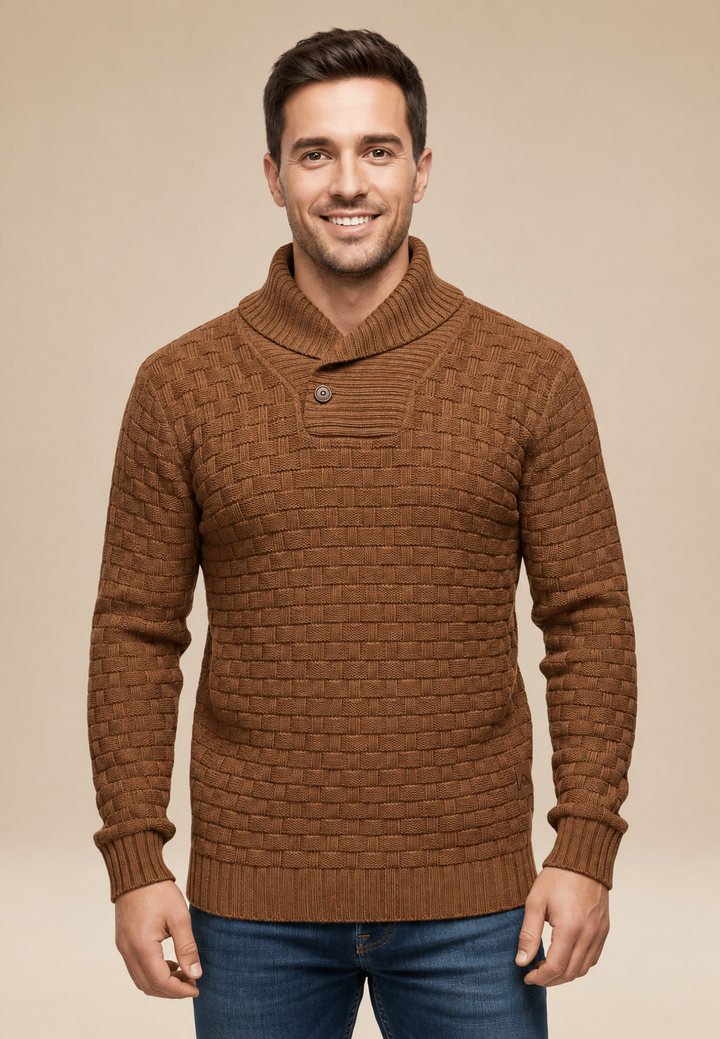 Herrenpullover mit Schalkragen, Knöpfen und strukturiertem Strickmuster – Hadrian