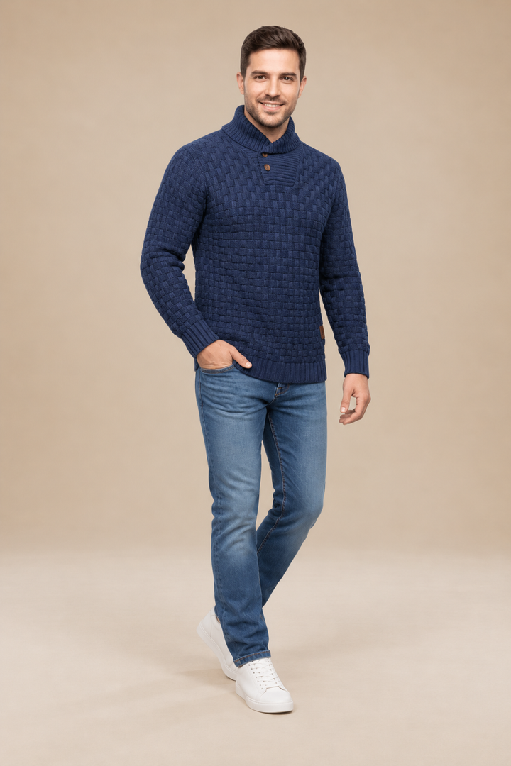 Herrenpullover mit Schalkragen, Knöpfen und strukturiertem Strickmuster – Hadrian