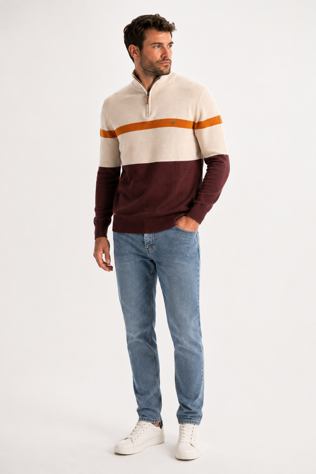 Strickpullover mit halbem Reißverschluss und Streifen – Aurel