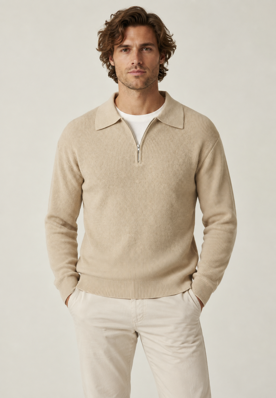Herrenpullover mit Polokragen, halbem Reißverschluss und Rippstrick – Ilan