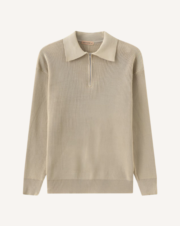Herrenpullover mit Polokragen, halbem Reißverschluss und Rippstrick – Ilan