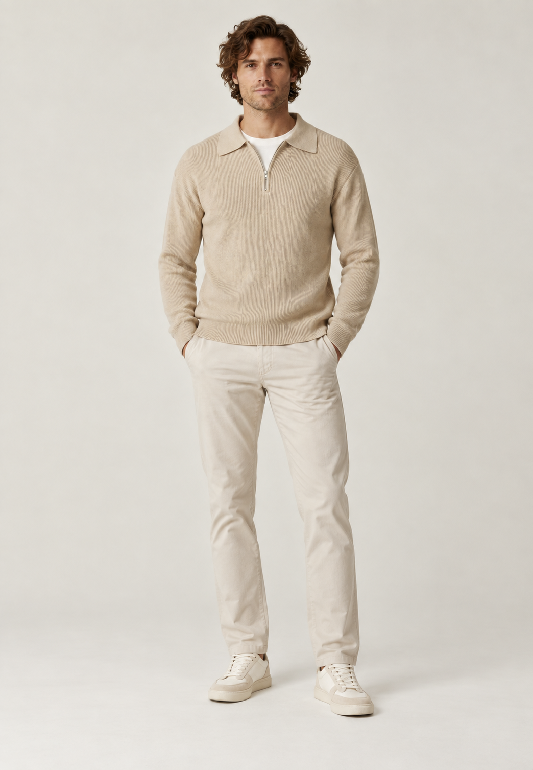 Herrenpullover mit Polokragen, halbem Reißverschluss und Rippstrick – Ilan