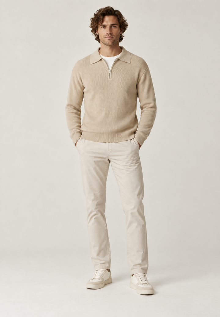 Herrenpullover mit Polokragen, halbem Reißverschluss und Rippstrick – Ilan