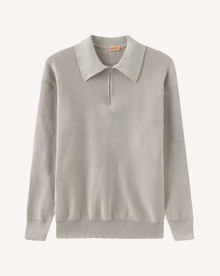 Herrenpullover mit Polokragen, halbem Reißverschluss und Rippstrick – Ilan