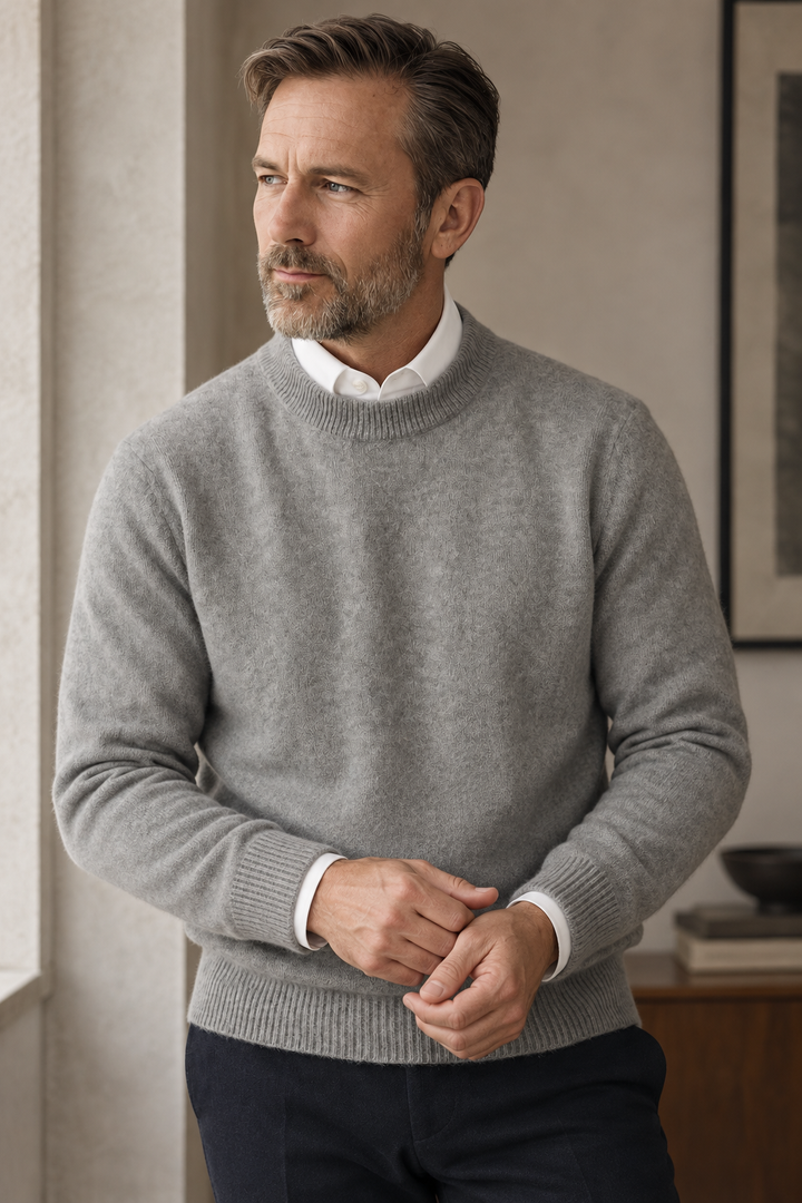 Herrenpullover mit Rundhalsausschnitt, glatt gestrickt, langärmelig – Dorian
