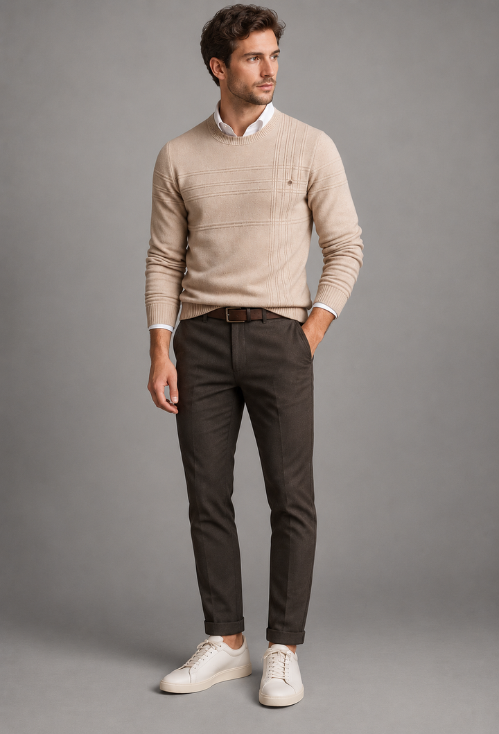 Herrenpullover mit Rundhalsausschnitt, strukturiertem Strickmuster und reliefartigen Linien – Silas