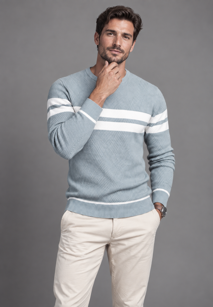 Herrenpullover mit Rundhalsausschnitt, gestreift und strukturiertem Strickmuster - Tobias