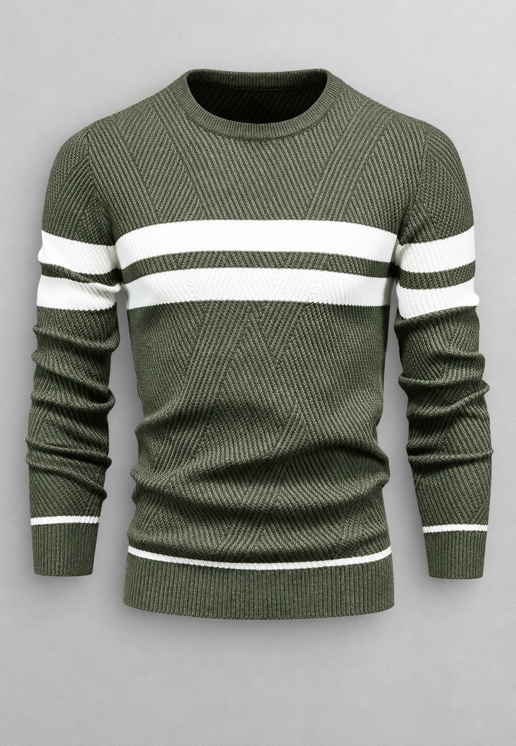 Herrenpullover mit Rundhalsausschnitt, gestreift und strukturiertem Strickmuster - Tobias
