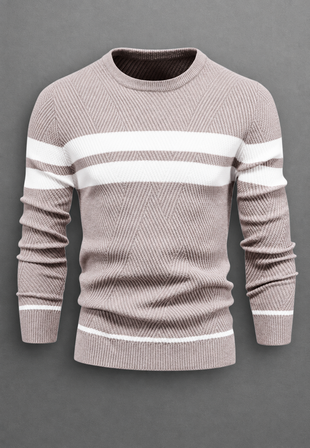 Herrenpullover mit Rundhalsausschnitt, gestreift und strukturiertem Strickmuster - Tobias