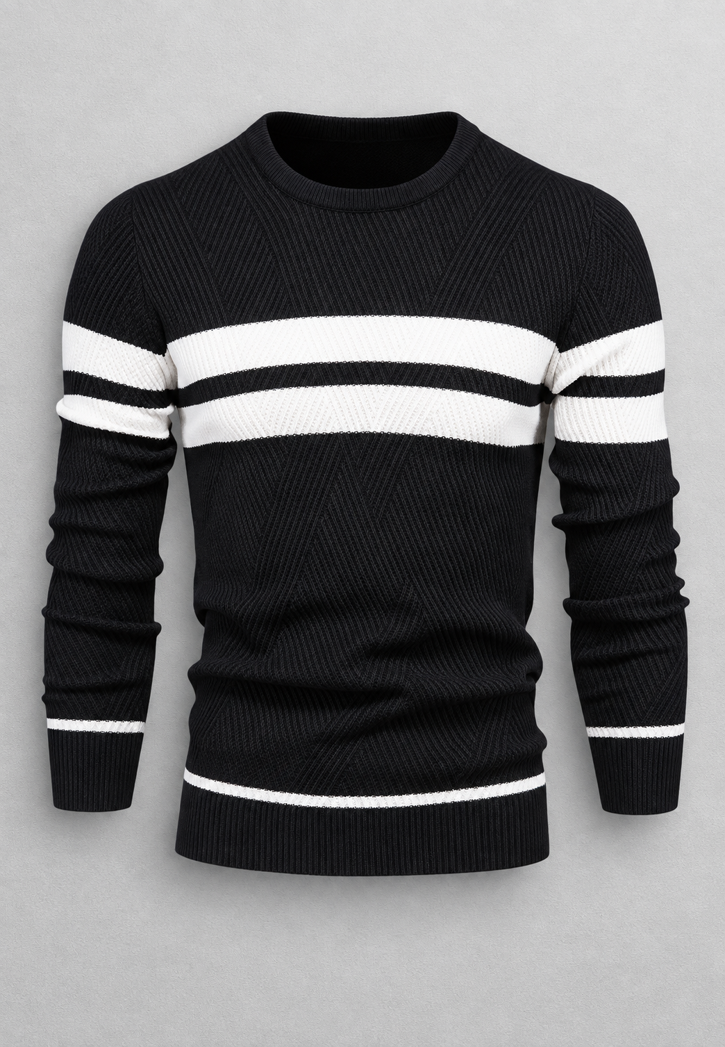 Herrenpullover mit Rundhalsausschnitt, gestreift und strukturiertem Strickmuster - Tobias