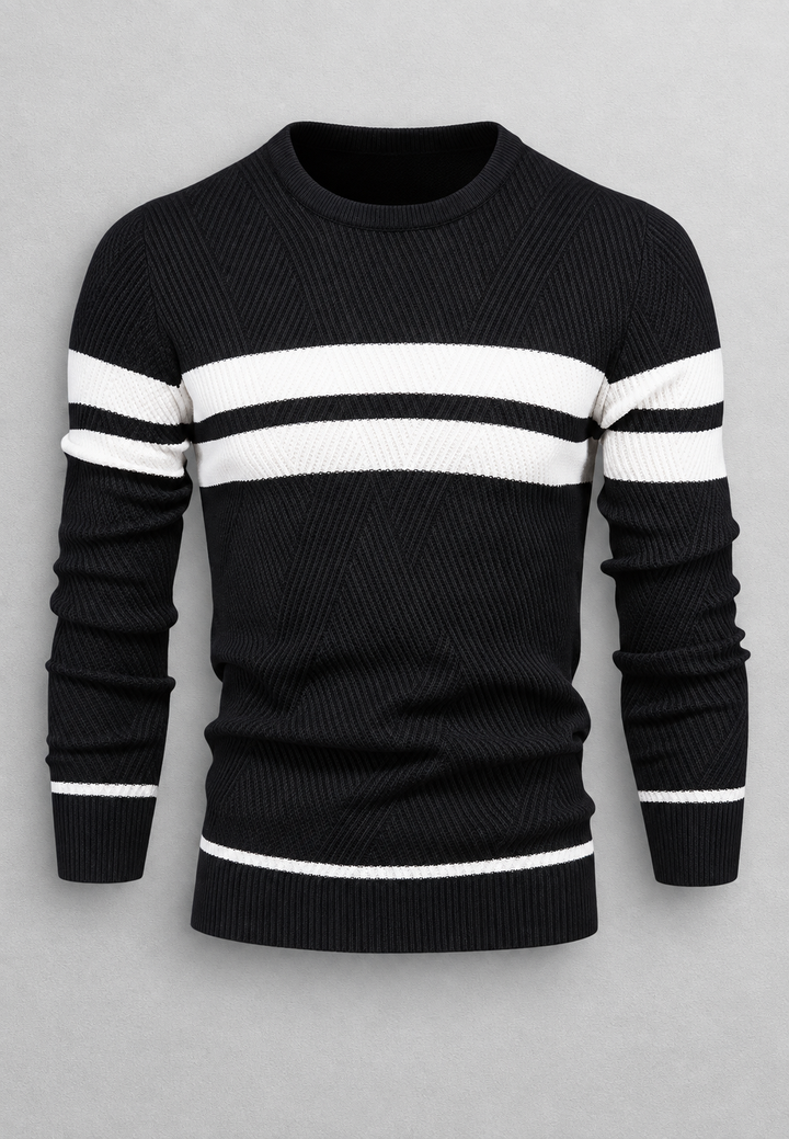 Herrenpullover mit Rundhalsausschnitt, gestreift und strukturiertem Strickmuster - Tobias