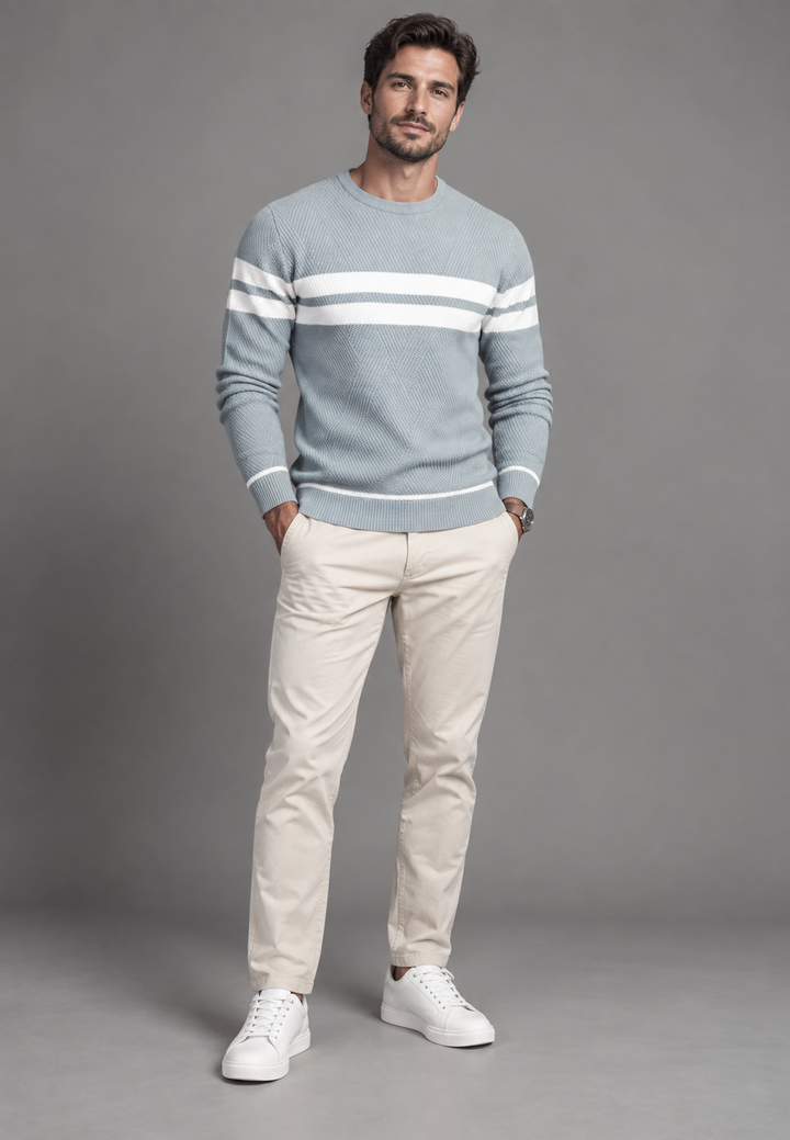 Herrenpullover mit Rundhalsausschnitt, gestreift und strukturiertem Strickmuster - Tobias
