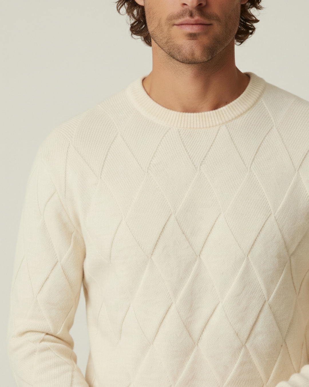 Herrenpullover mit Rundhalsausschnitt, geprägten Rauten und langen Ärmeln – Adriel