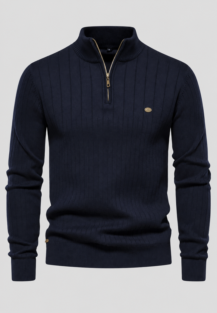 Herrenpullover mit halbem Reißverschluss, Rollkragen und Rippstrick – Mikkel
