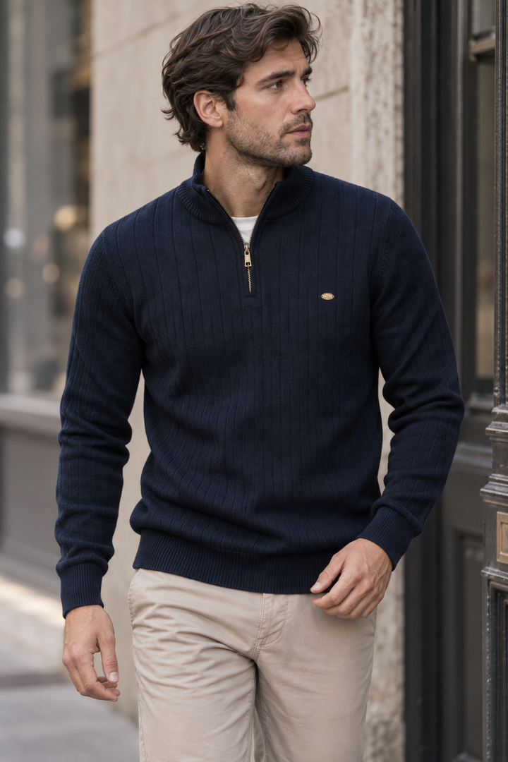 Herrenpullover mit halbem Reißverschluss, Rollkragen und Rippstrick – Mikkel