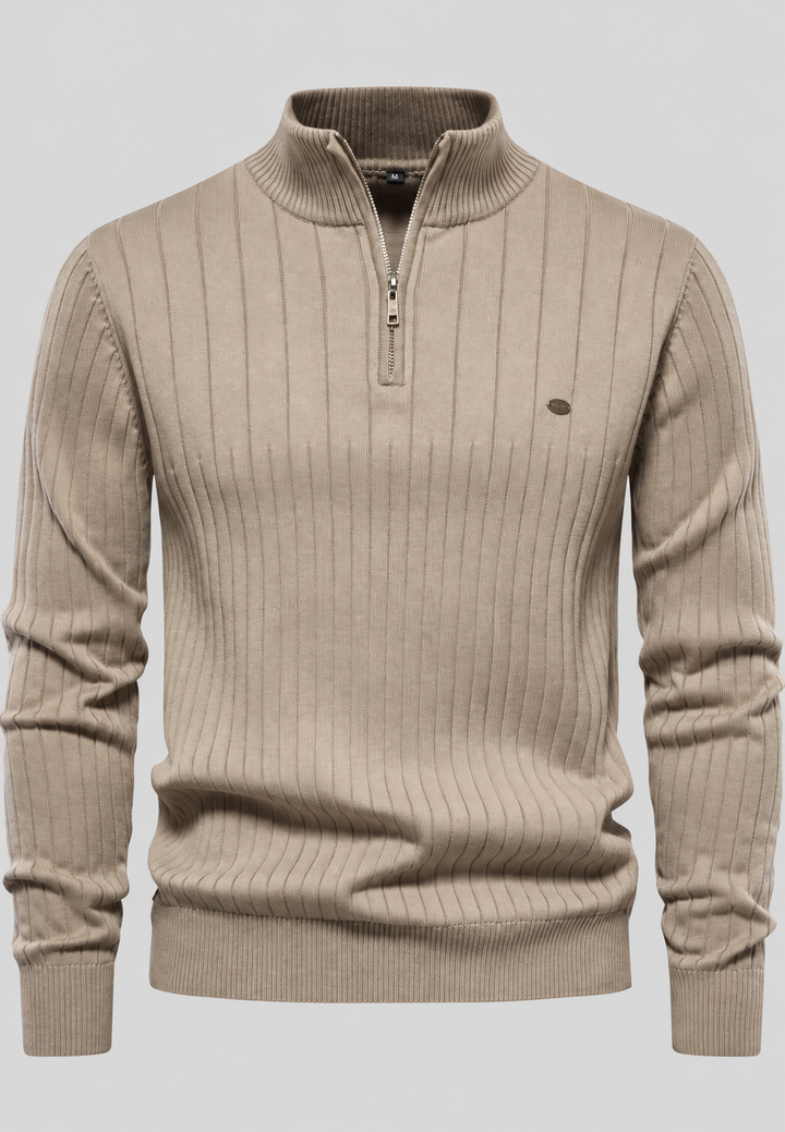 Herrenpullover mit halbem Reißverschluss, Rollkragen und Rippstrick – Mikkel