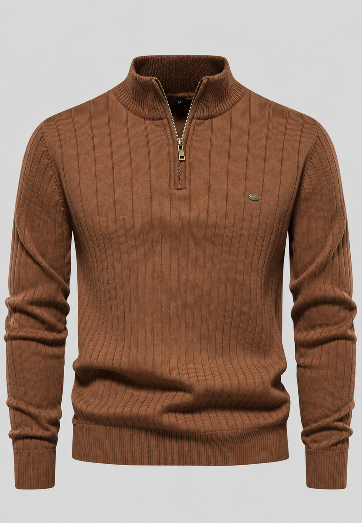 Herrenpullover mit halbem Reißverschluss, Rollkragen und Rippstrick – Mikkel