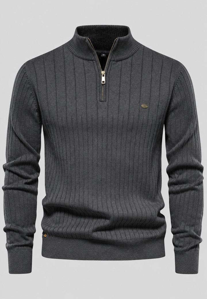 Herrenpullover mit halbem Reißverschluss, Rollkragen und Rippstrick – Mikkel