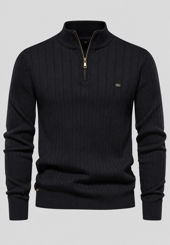 Herrenpullover mit halbem Reißverschluss, Rollkragen und Rippstrick – Mikkel
