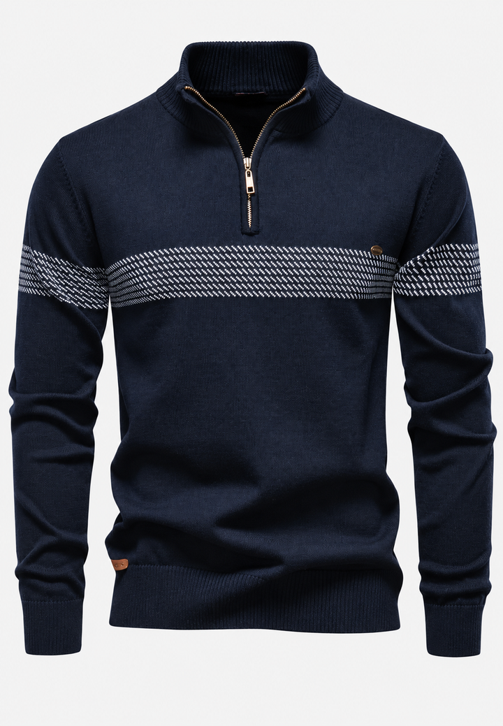 Herrenpullover mit halbem Reißverschluss, Stehkragen und geometrischen Streifen – Nolan