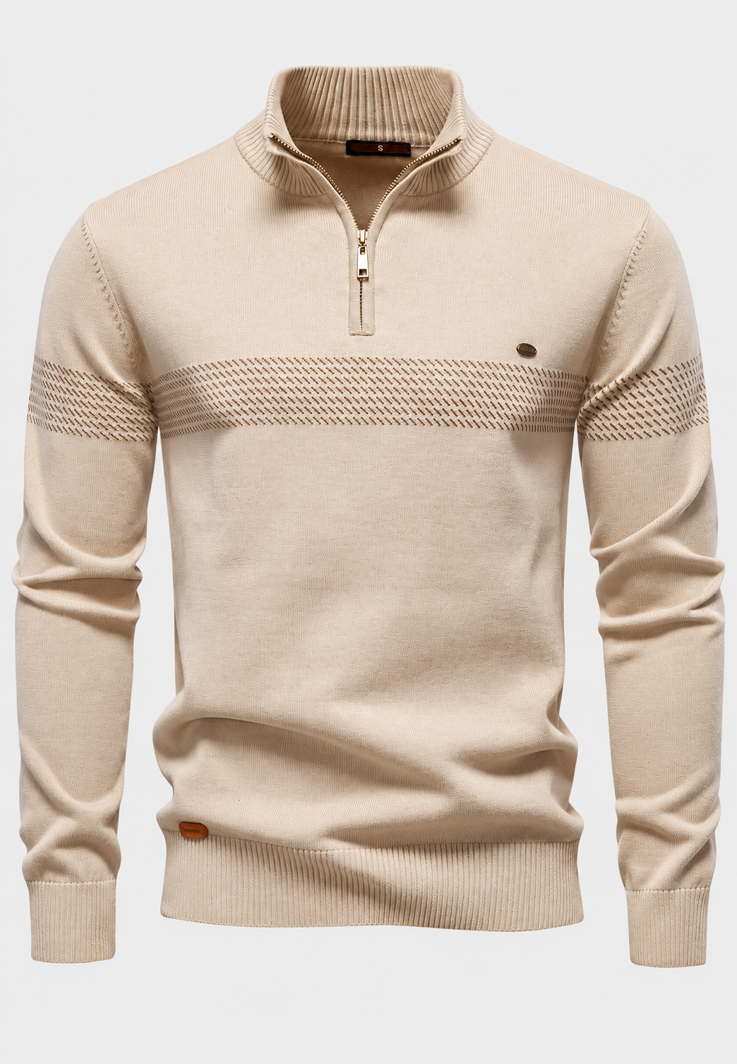Herrenpullover mit halbem Reißverschluss, Stehkragen und geometrischen Streifen – Nolan