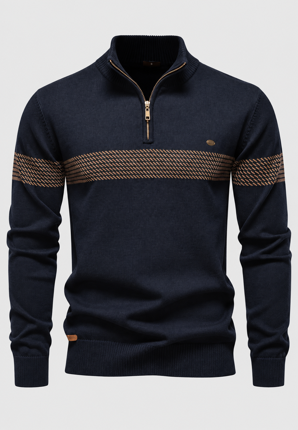 Herrenpullover mit halbem Reißverschluss, Stehkragen und geometrischen Streifen – Nolan