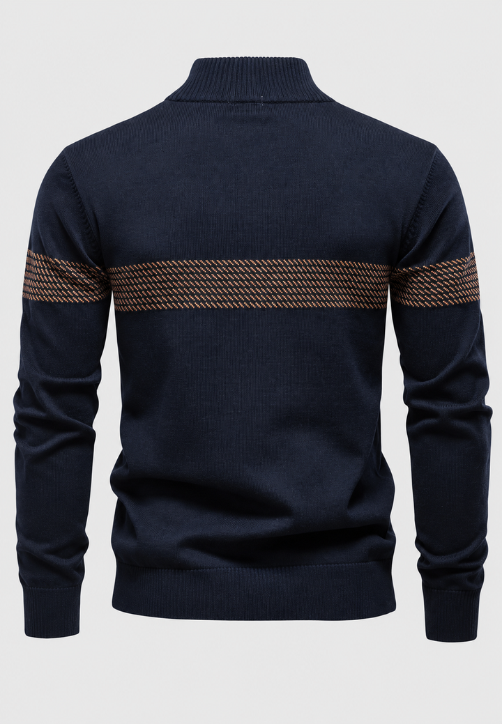 Herrenpullover mit halbem Reißverschluss, Stehkragen und geometrischen Streifen – Nolan