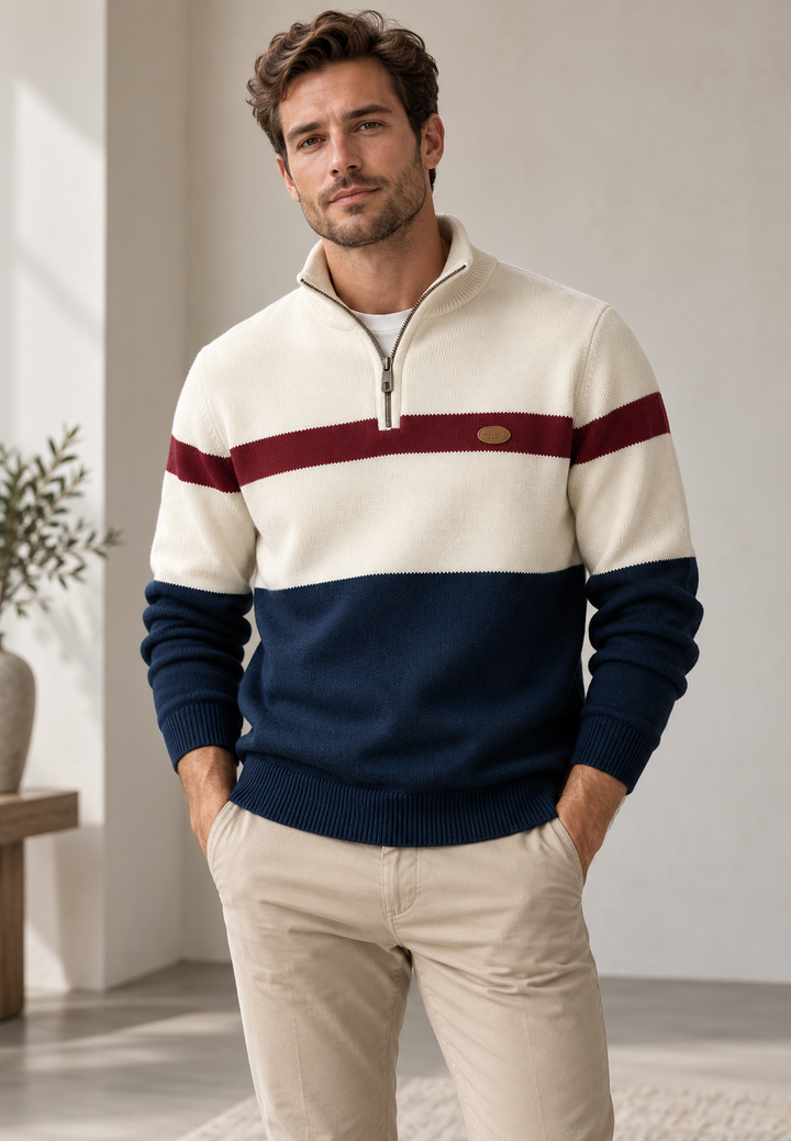 Herrenpullover mit halbem Reißverschluss, Stehkragen und horizontalen Streifen – Auden