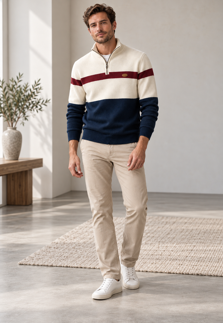Herrenpullover mit halbem Reißverschluss, Stehkragen und horizontalen Streifen – Auden