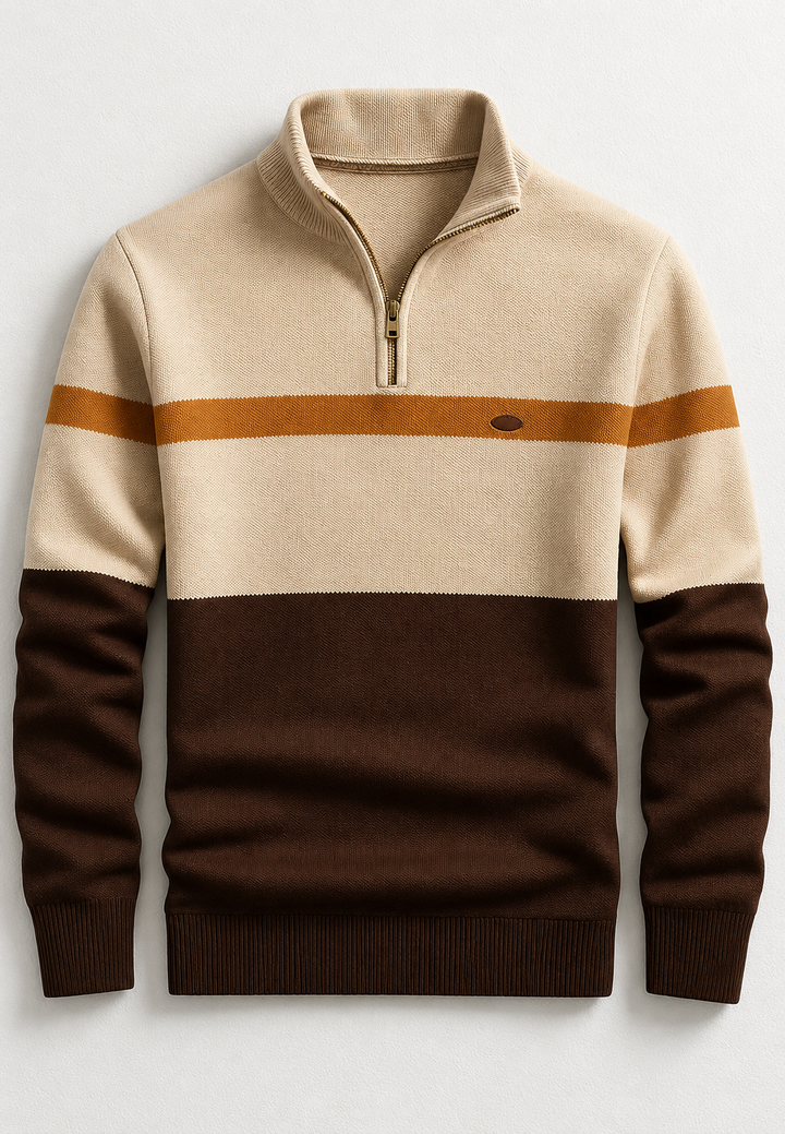 Herrenpullover mit halbem Reißverschluss, Stehkragen und horizontalen Streifen – Auden