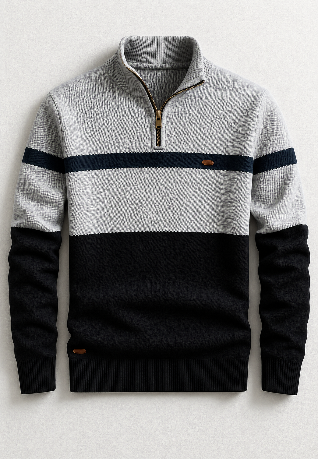 Herrenpullover mit halbem Reißverschluss, Stehkragen und horizontalen Streifen – Auden