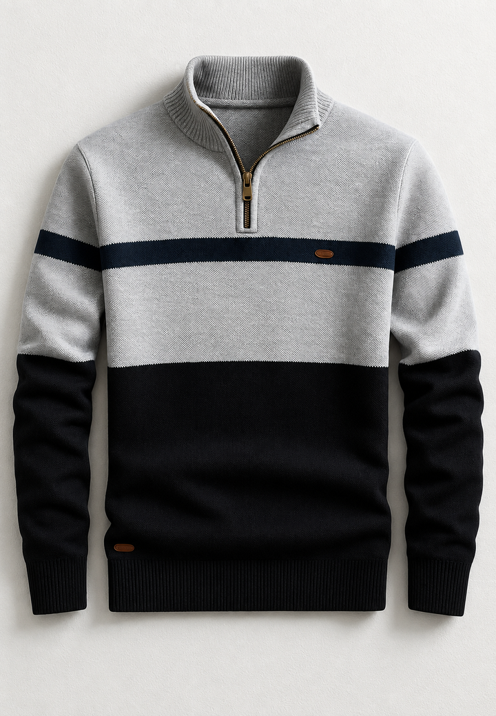 Herrenpullover mit halbem Reißverschluss, Stehkragen und horizontalen Streifen – Auden