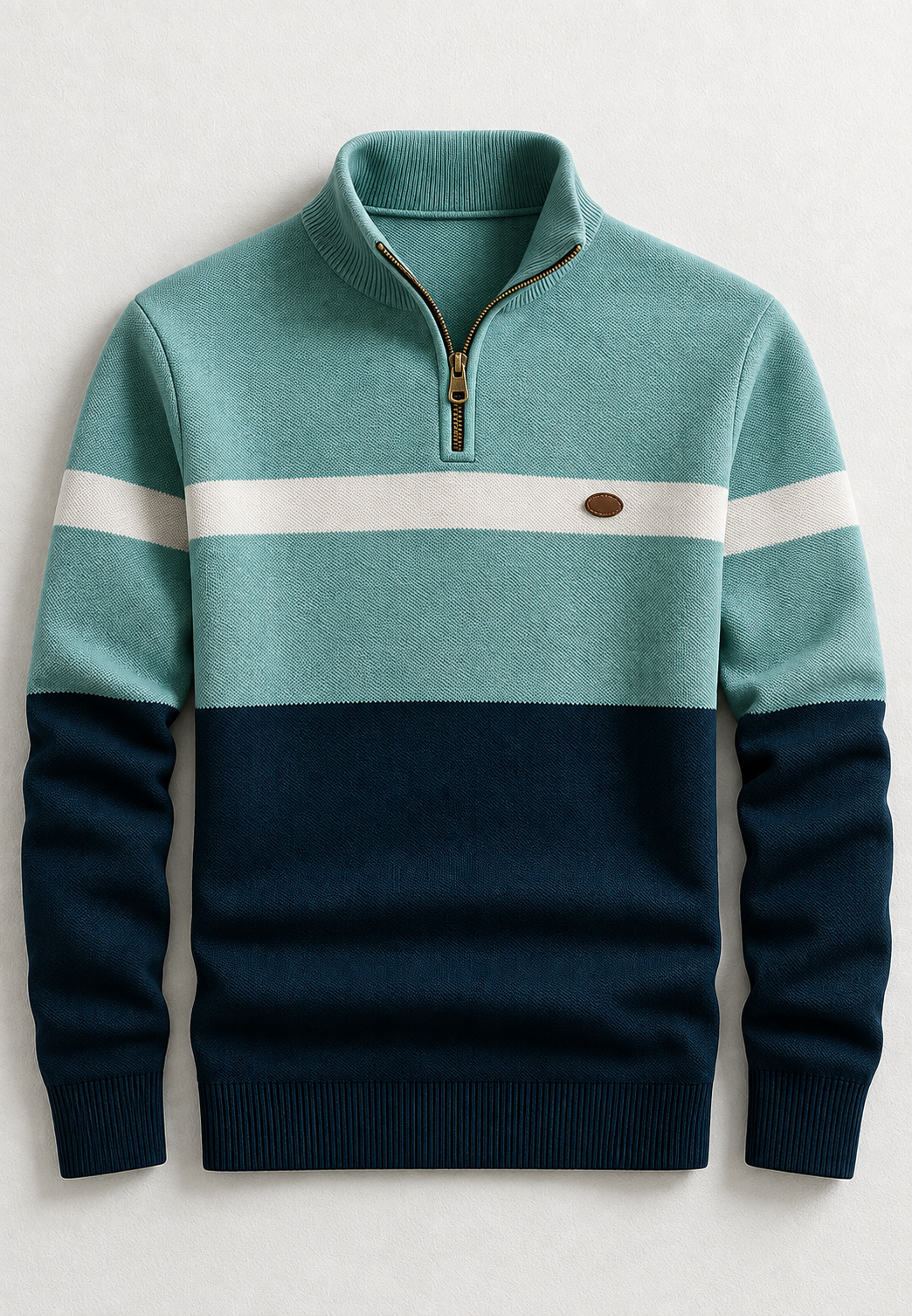 Herrenpullover mit halbem Reißverschluss, Stehkragen und horizontalen Streifen – Auden