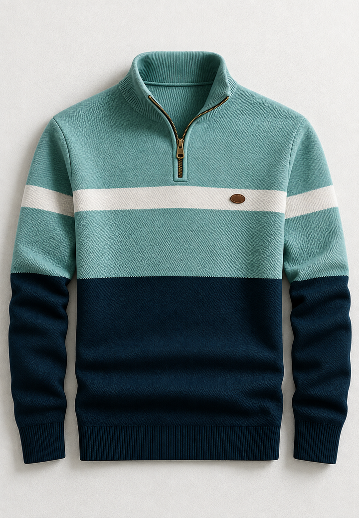 Herrenpullover mit halbem Reißverschluss, Stehkragen und horizontalen Streifen – Auden