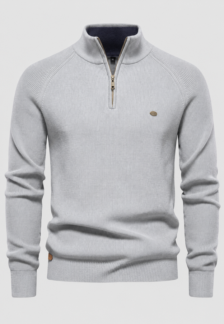 Herrenpullover mit halbem Reißverschluss, Stehkragen und Raglanärmeln – Leif