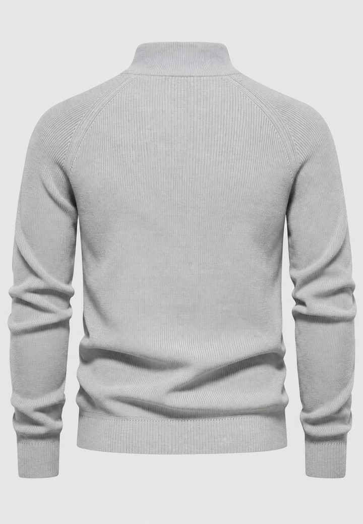 Herrenpullover mit halbem Reißverschluss, Stehkragen und Raglanärmeln – Leif