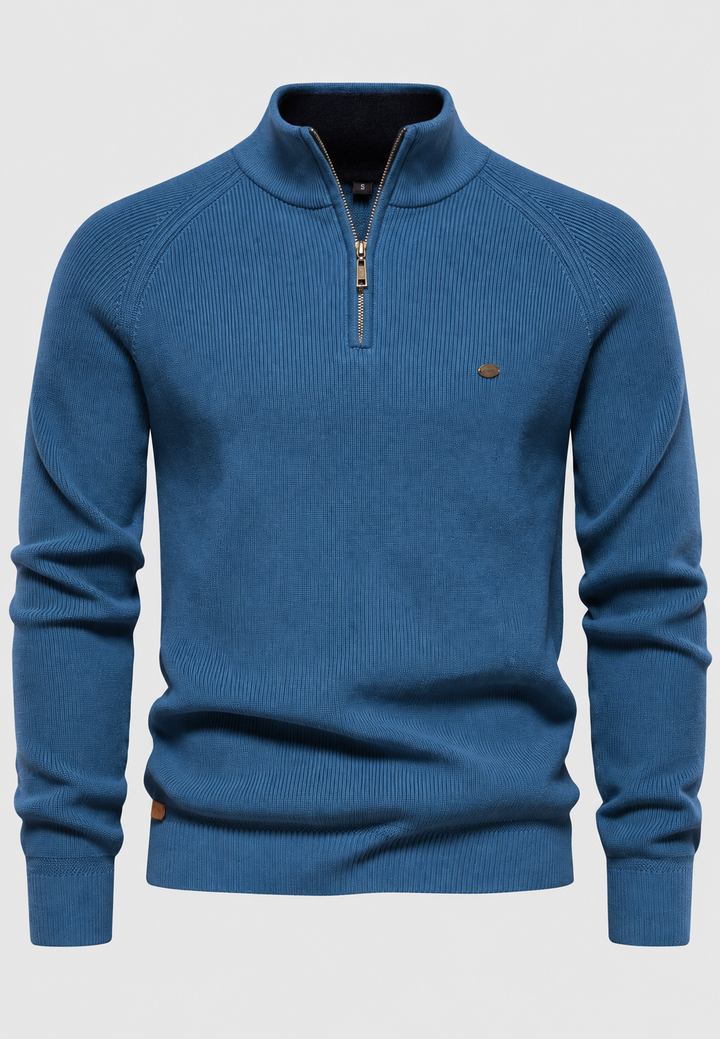 Herrenpullover mit halbem Reißverschluss, Stehkragen und Raglanärmeln – Leif