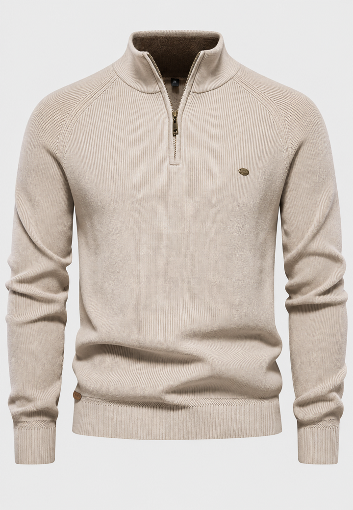 Herrenpullover mit halbem Reißverschluss, Stehkragen und Raglanärmeln – Leif