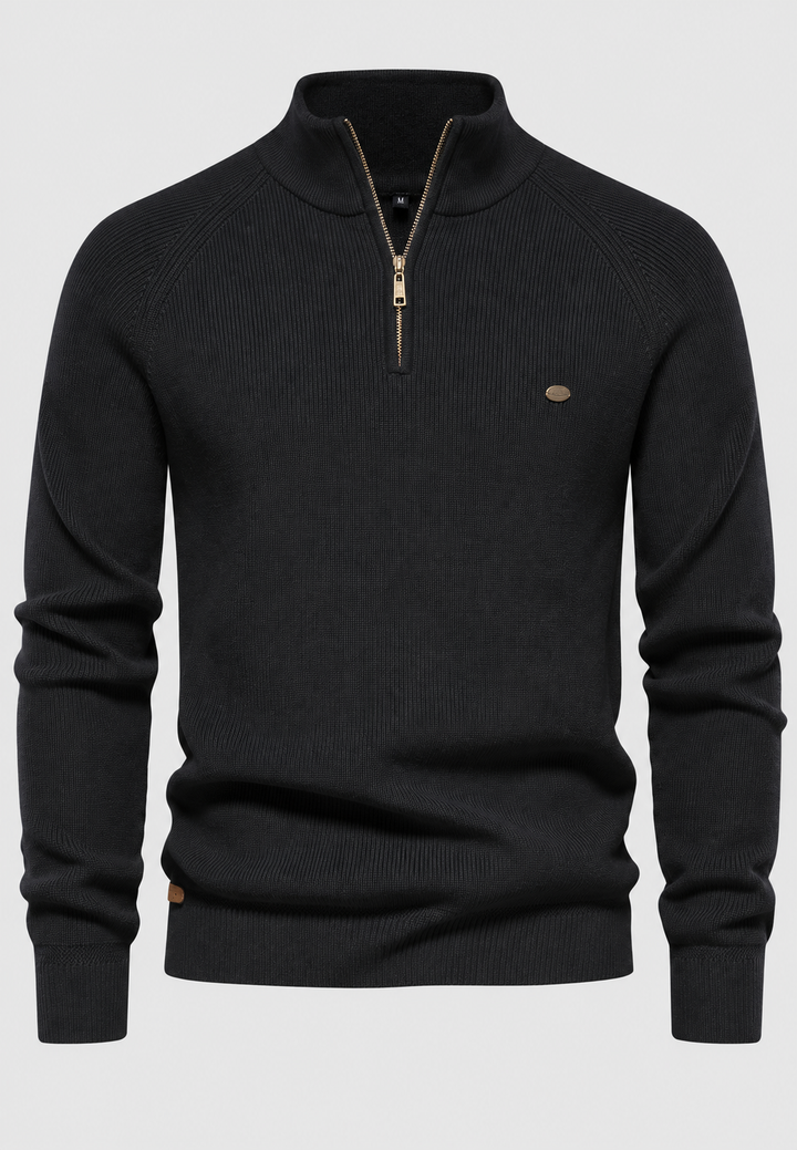 Herrenpullover mit halbem Reißverschluss, Stehkragen und Raglanärmeln – Leif
