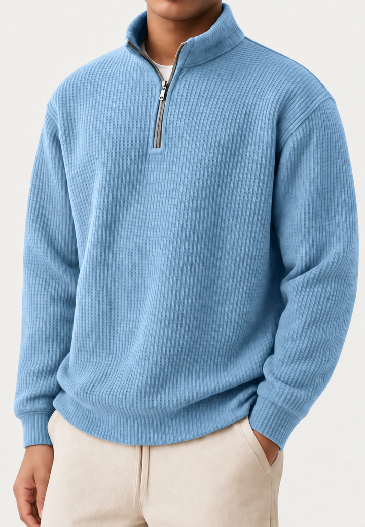 Herrenpullover mit halbem Reißverschluss, Stehkragen und Rippstrick – Elio