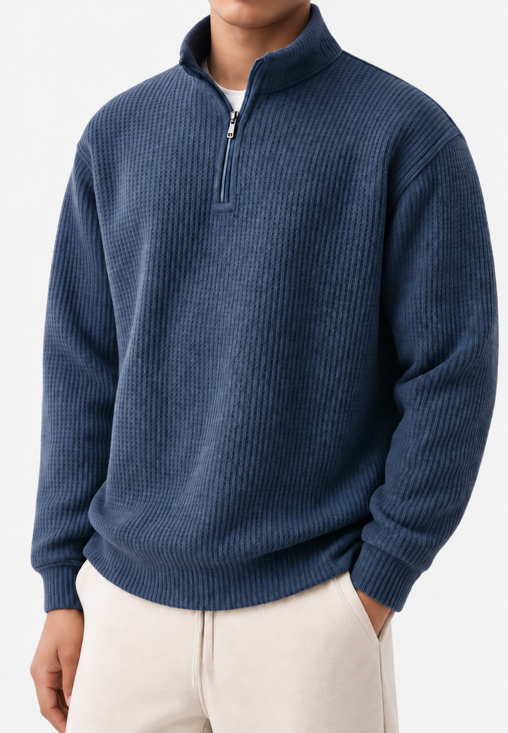 Herrenpullover mit halbem Reißverschluss, Stehkragen und Rippstrick – Elio