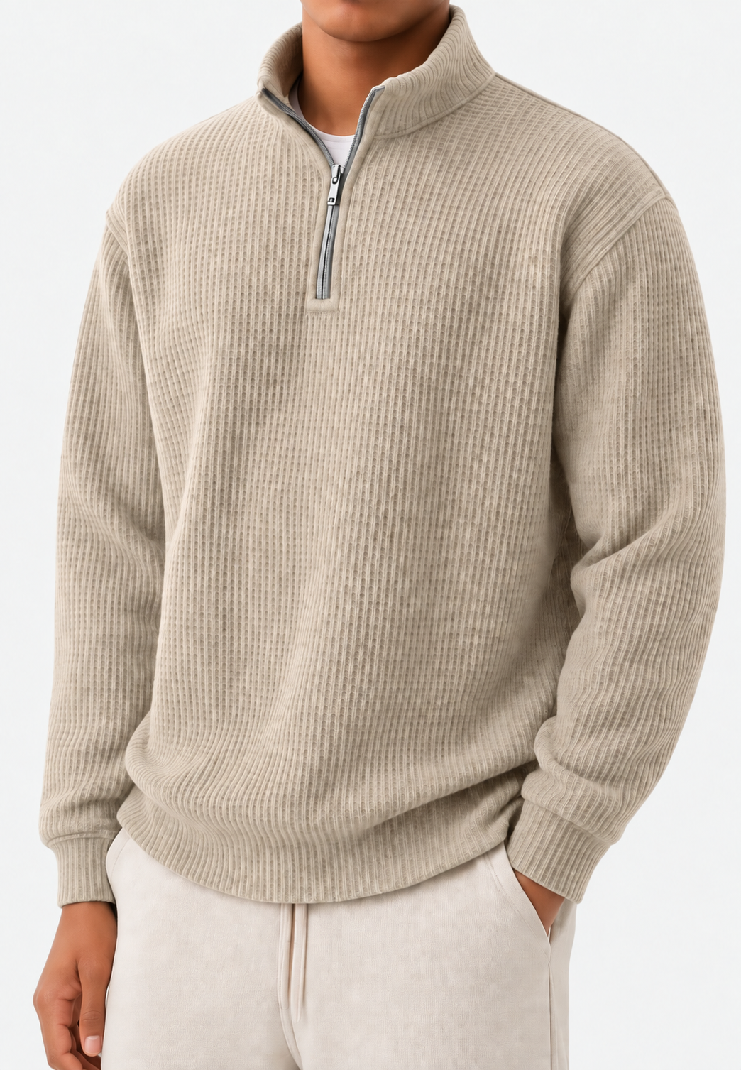 Herrenpullover mit halbem Reißverschluss, Stehkragen und Rippstrick – Elio