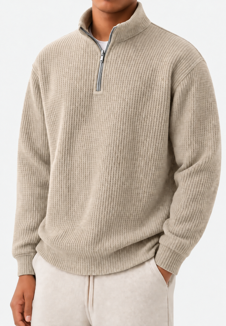 Herrenpullover mit halbem Reißverschluss, Stehkragen und Rippstrick – Elio