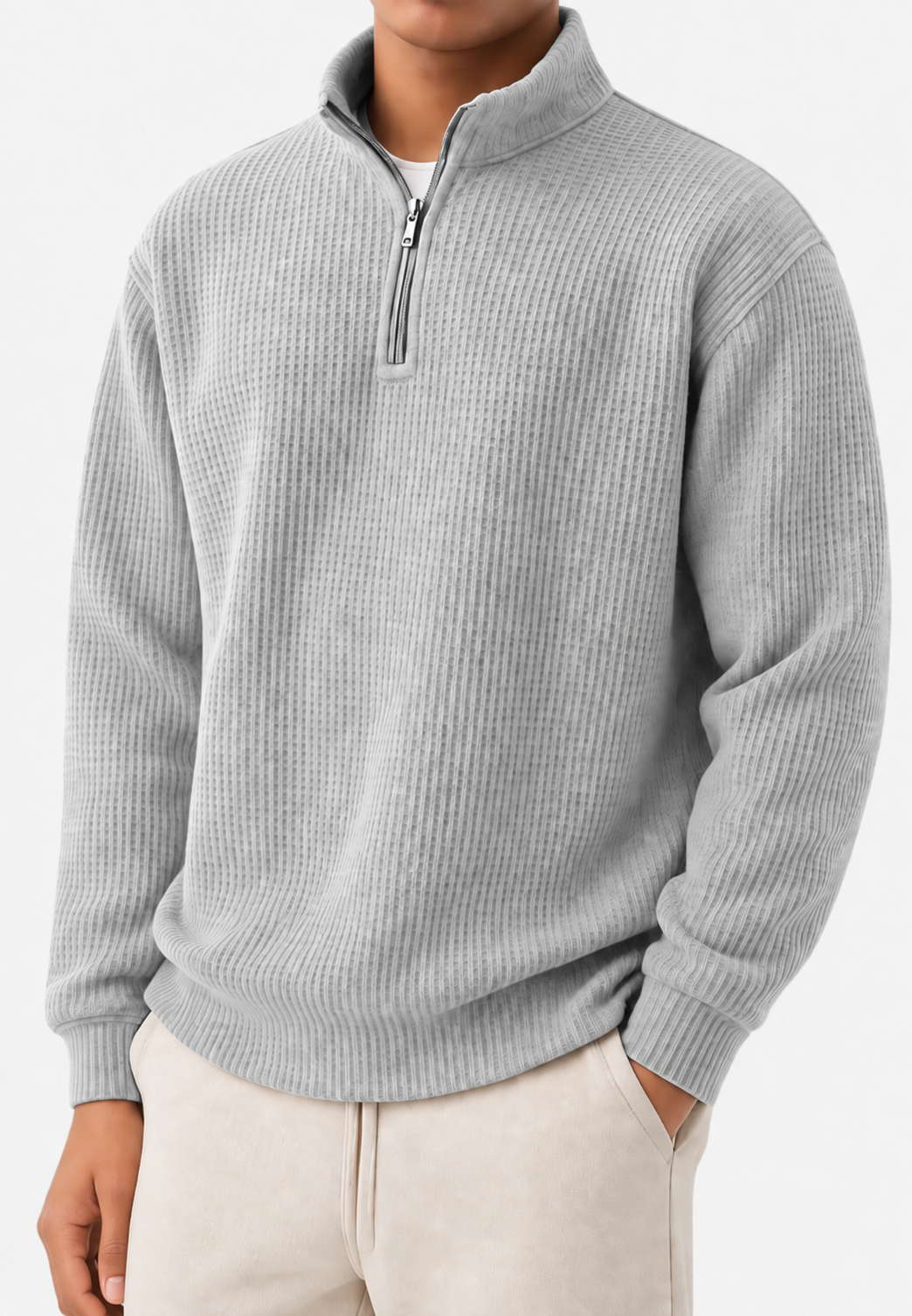 Herrenpullover mit halbem Reißverschluss, Stehkragen und Rippstrick – Elio